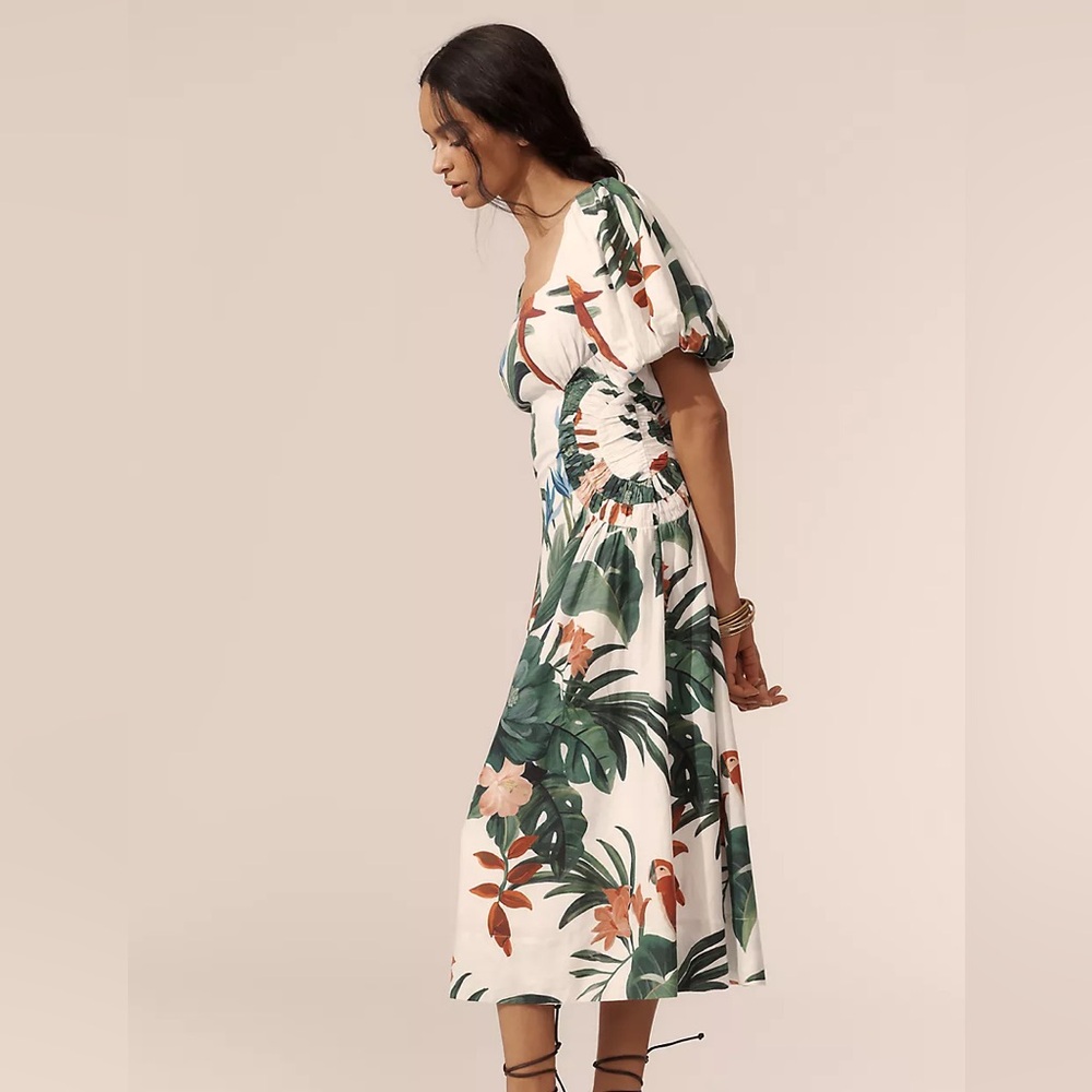 NWT Farm Rio Midnight Macaw Fiesta Linen Blend Puff-Sleeve Midi Dress Size M - Picture 5 of 12